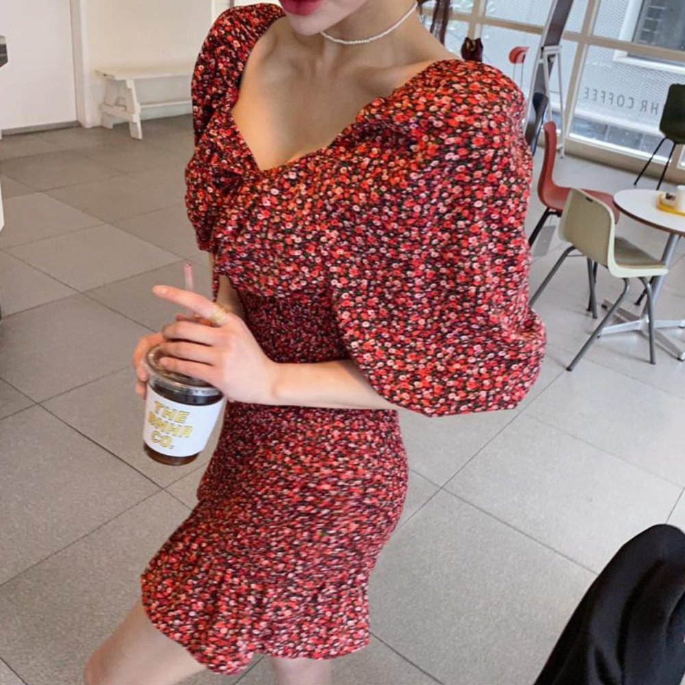 K fashion Floral Print Square Neck Puff Sleeve Chiffon Mini Dress Petite